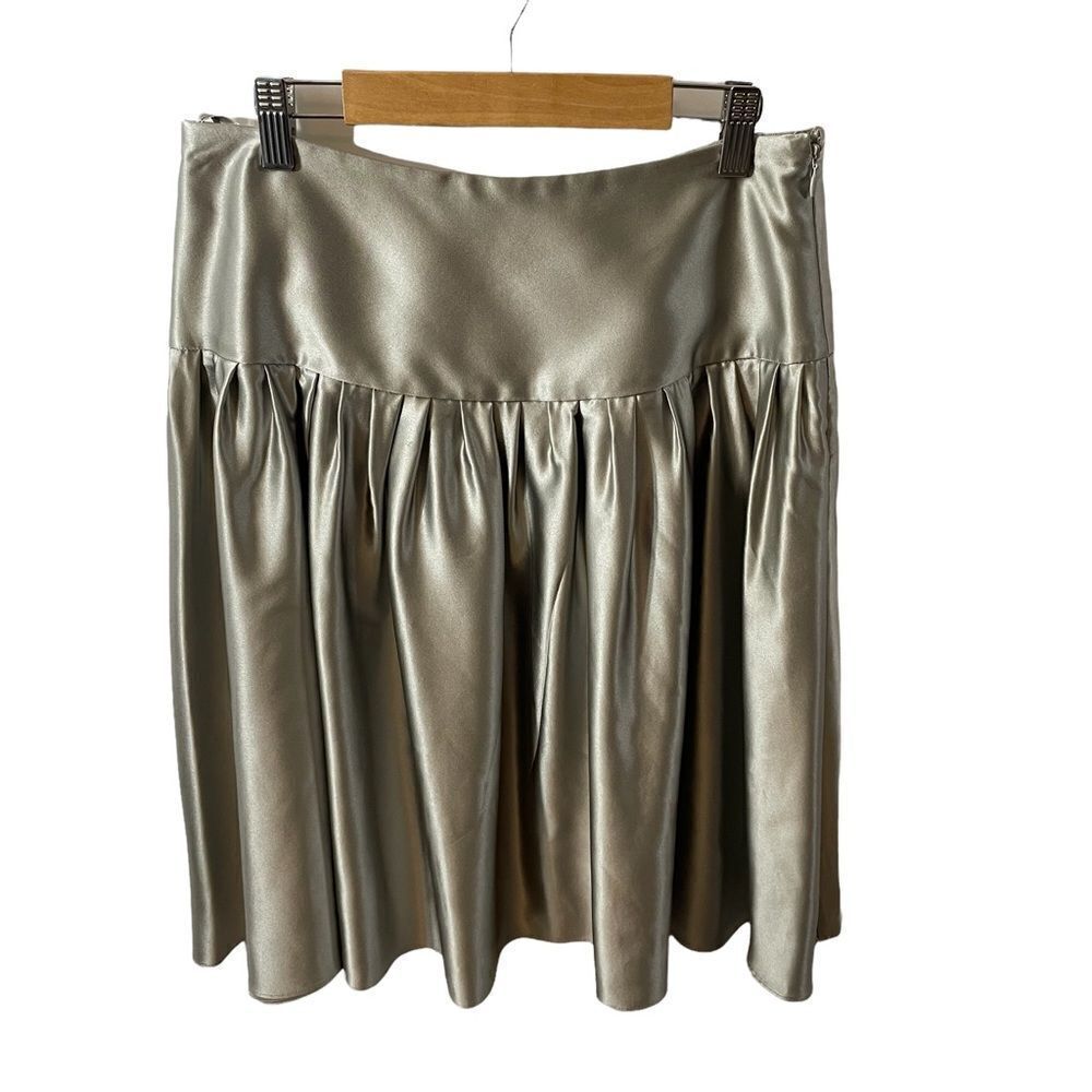 Express Champagne Silver Silk Pleated Skirt Metallic Drop Waist Size 0 Holiday